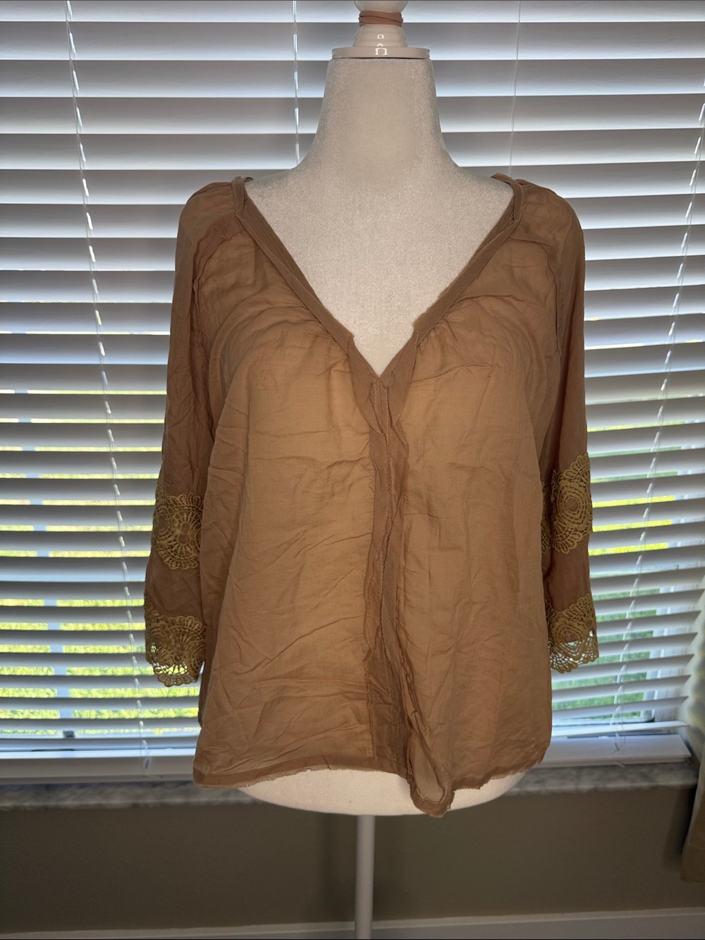 Lightweight Brown V-Neck Peasant Blouse with Embroidered Sleeves
